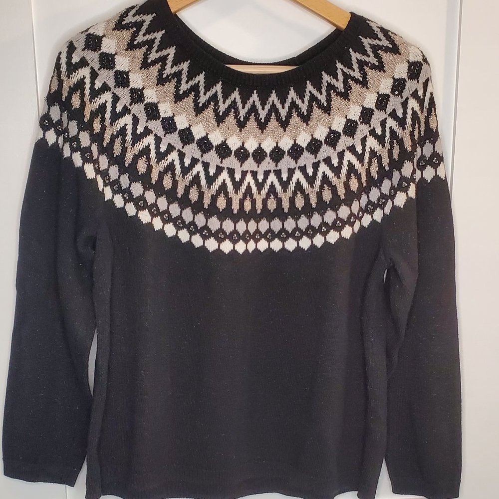 J.Jill Women's Medium Fair Isle Black Beaded Sparkle Shimmer Long Sleeve Sweater